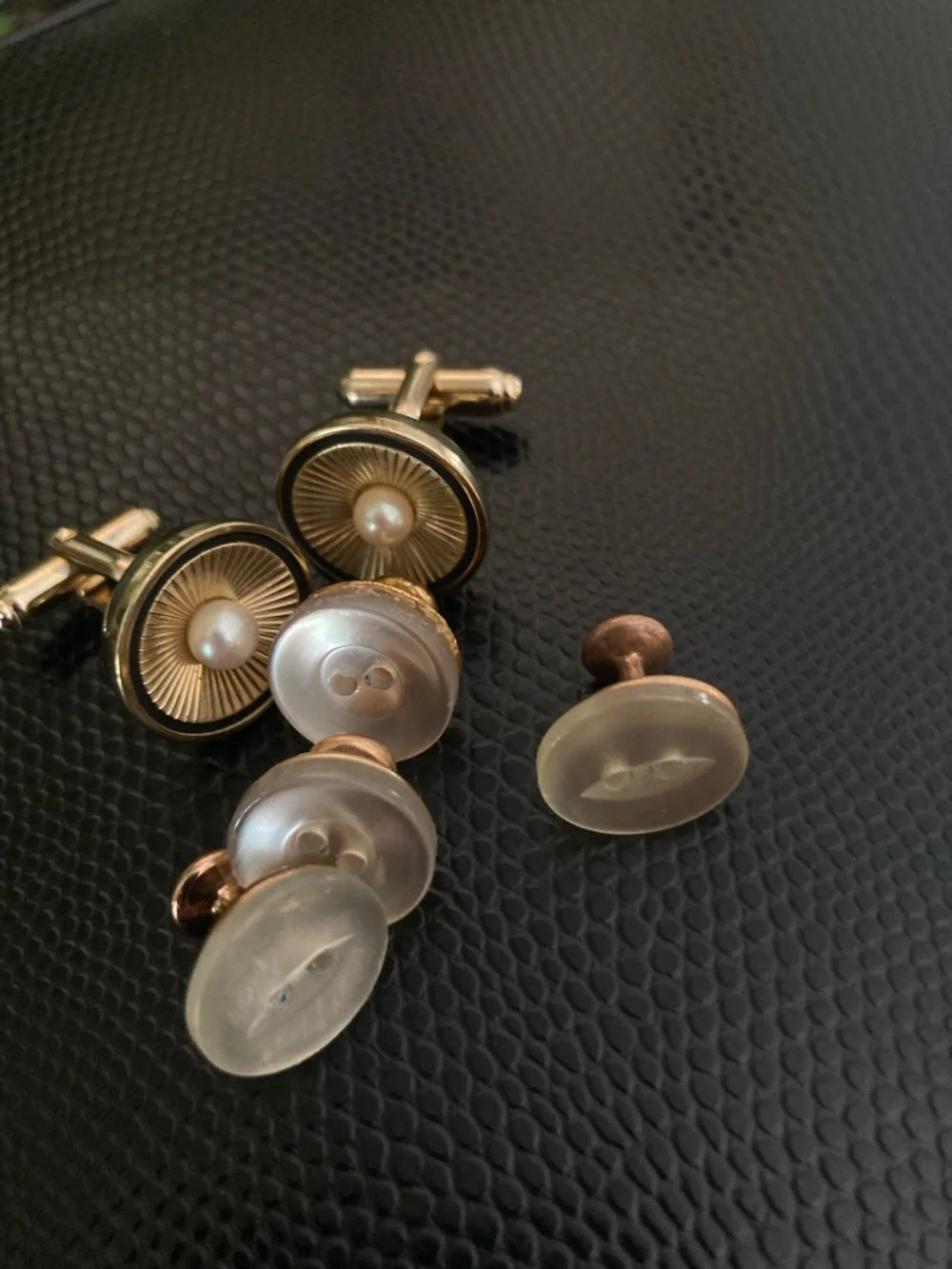 Vintage Anson Pearl Cufflinks Tuxedo Stud Set Gold Tone Formal Wedding Set